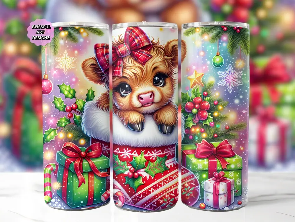 Christmas Highland Cow 20 oz Skinny Tumbler Sublimation Highland Cow Tumbler Christmas Tumbler