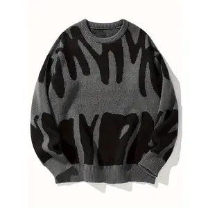 Unisex Men's Round Neck Drop Shoulder Hip Hop Sweater, Regular Fit All Over Print Long Sleeve Knitting Pullover, Drippy Outfits, Going Out Outfit