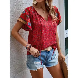 Boho Vintage Floral V-Neck Tie Short Sleeve Top, Loose Fit Slimming Printed T-Shirt, Ethnic Flower Patchwork, Casual All Seasons Wear