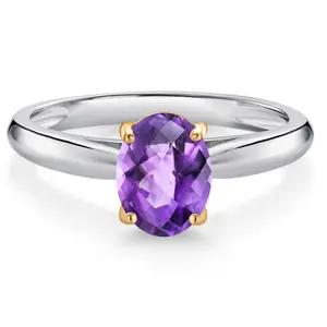 Gem Stone King 10K Two Tone Gold Gemstone Birthstone Solitaire Engagement Ring For Women | Oval 8X6MM | Wedding Anniversary Promise Ring | Sizes 5, 6, 7, 8, 9