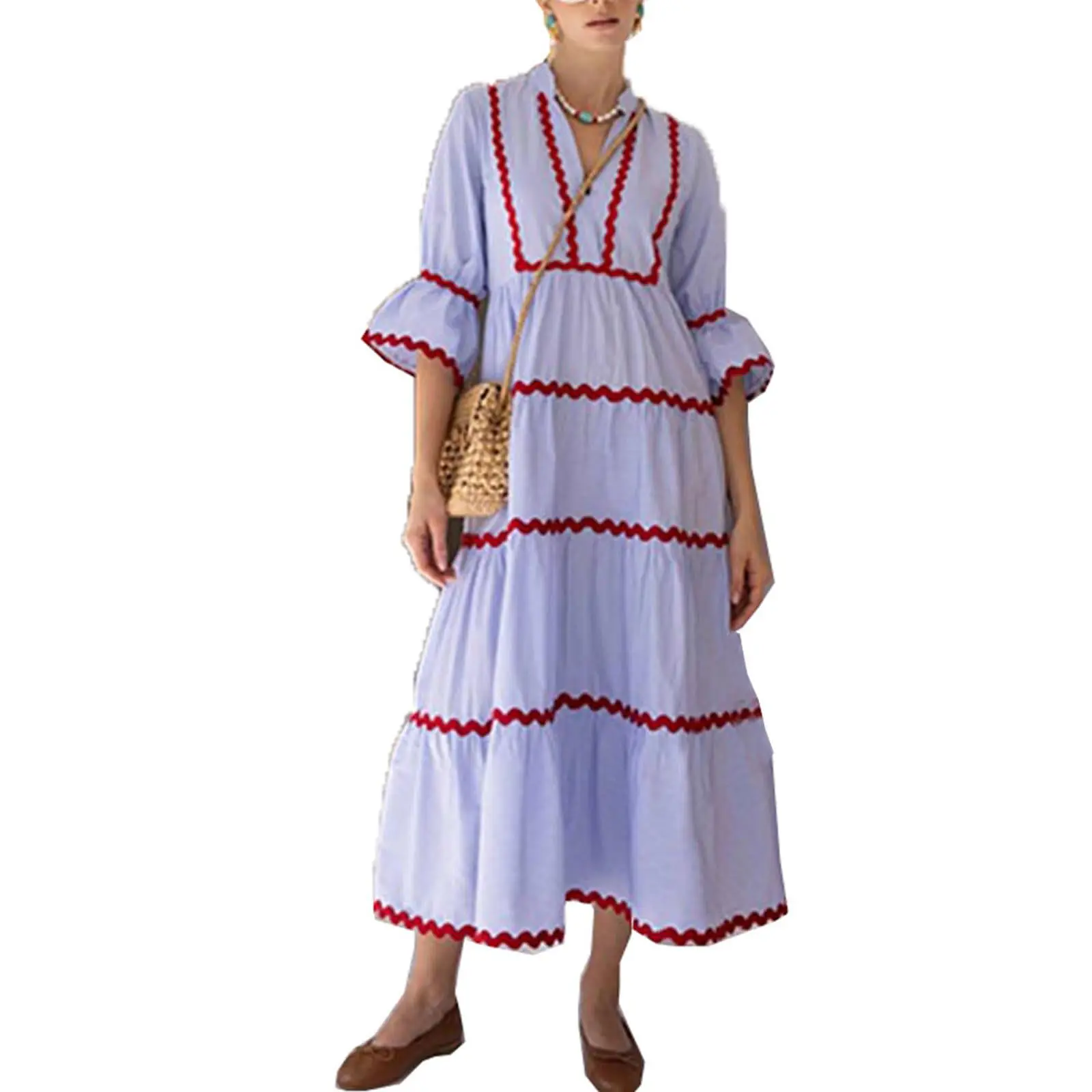 Chouyatou Women's Cute Vintage Wave-Style High-Waisted Bohemian Striped Rickrack Trim Maxi Dress, Summer Beach Vacation Flowy A-Line Tiered Dress with 3/4 Flutter Sleeves, Classy, Dressy, Elegant, Ruffle, Clothes, Party, Lightweight, Cotton, Chic, Casual,