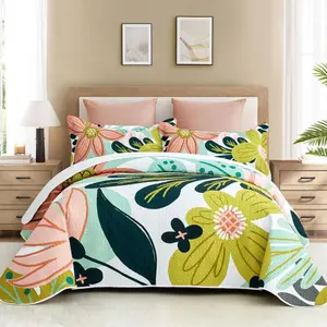 3 Piece Boho Floral Full/Queen Sets Farmhouse Reversible Lightweight Bedspread Coverlet with 2 Shams Mid Century Botanical Leaves Microfiber Bedding Set for All Season, 90''x96'' Luxury All-Season Marshmallow Comforter
