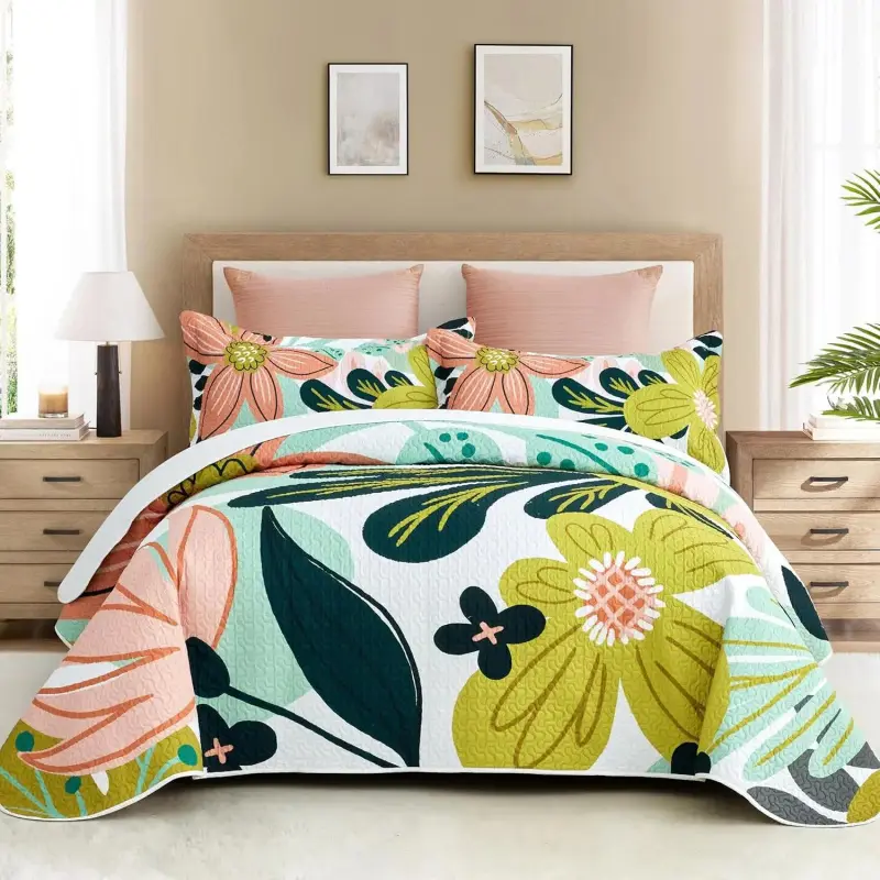 3-Piece Boho Floral Full/Queen Bedding Set - Reversible Lightweight Microfiber Bedspread Coverlet with 2 Shams, Mid-Century Botanical Leaves, All-Season Luxury Marshmallow Bed Comforter Set, 90''x96''