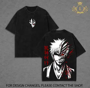 Ichigo Kurosaki Tee Washed – Bleach Soul Reaper Bankai Vintage Washed Heavy Cotton Oversized Anime Manga T-Shirt, Double Printed Retro Unisex Streetwear Graphic Top, Hollow Ichigo Dark Shinigami Edition, Washed Hoodie & T-Shirt Option