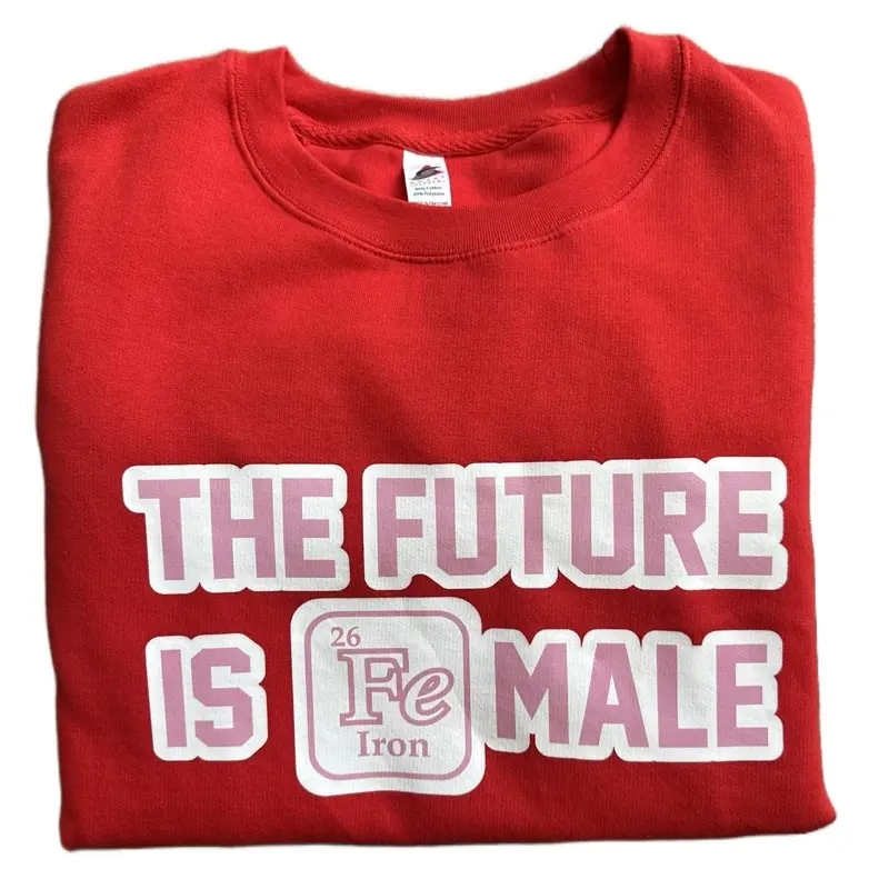 The Future is Female Pullover Sweatshirt - Red with "26Fe" and "Iron" Text Design
