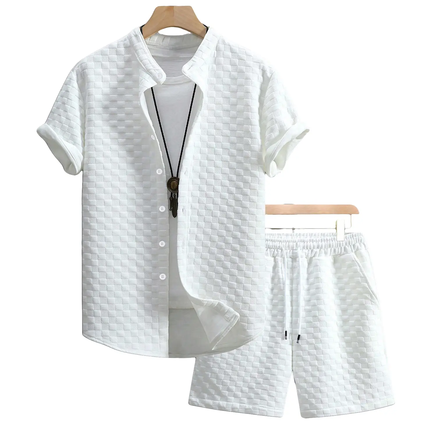 Men’s Summer Plain Waffle-Textured Stand Collar Shortsleeve Fabric Set, Stylish 2-Piece Top & Elastic Drawstring Mid-Length Shorts, Lightweight Breathable for Home Beach Vacation Casual Menswear