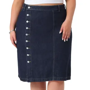 Agnes Orinda Plus Size Denim Skirt Women's Button Front High Waist A Line Midi Jean Skirt Dark Blue