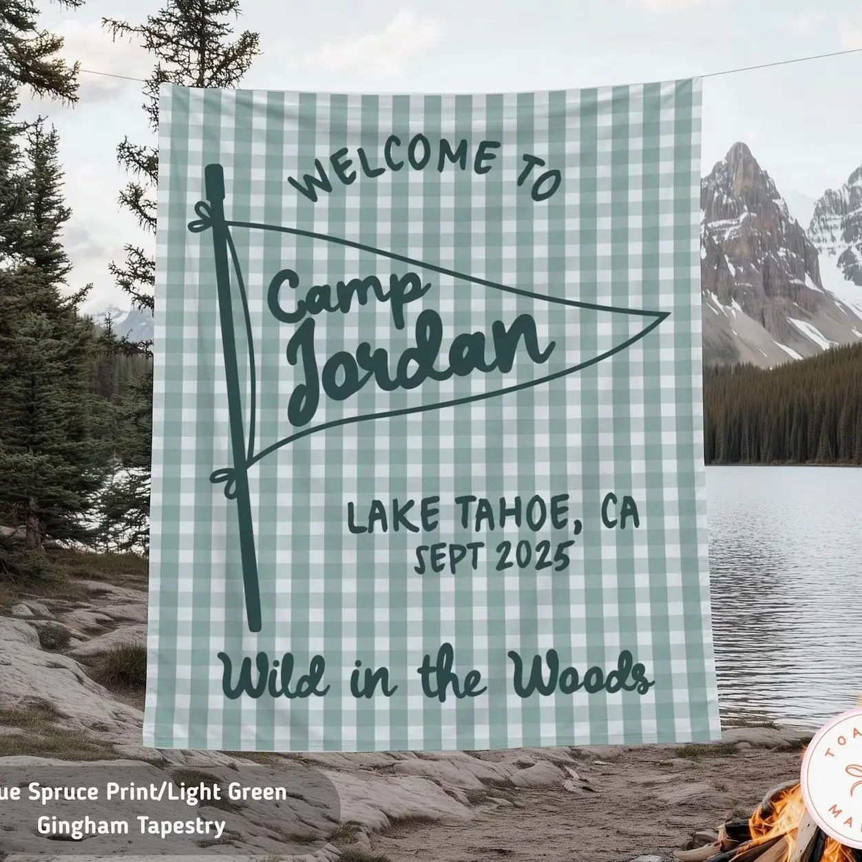 Custom Camp Bachelorette Tapestry, Personalized Family Camping Banner, Girls Weekend Backdrop, Mountain Birthday Party Cabin Welcome Sign