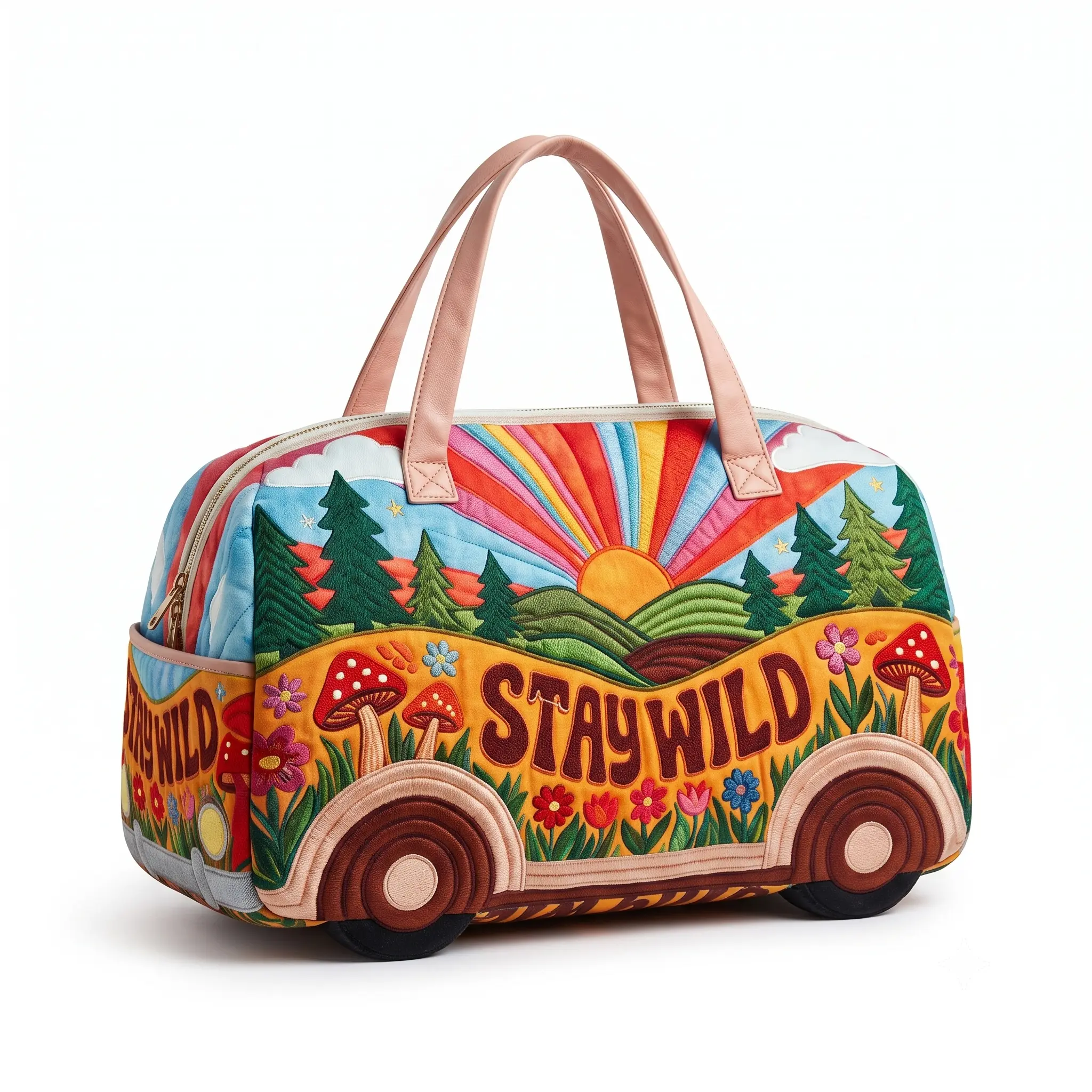 Vintage Camper Van Embroidered Weekender Bag – Boho Travel Duffel Tote for Women ostrich