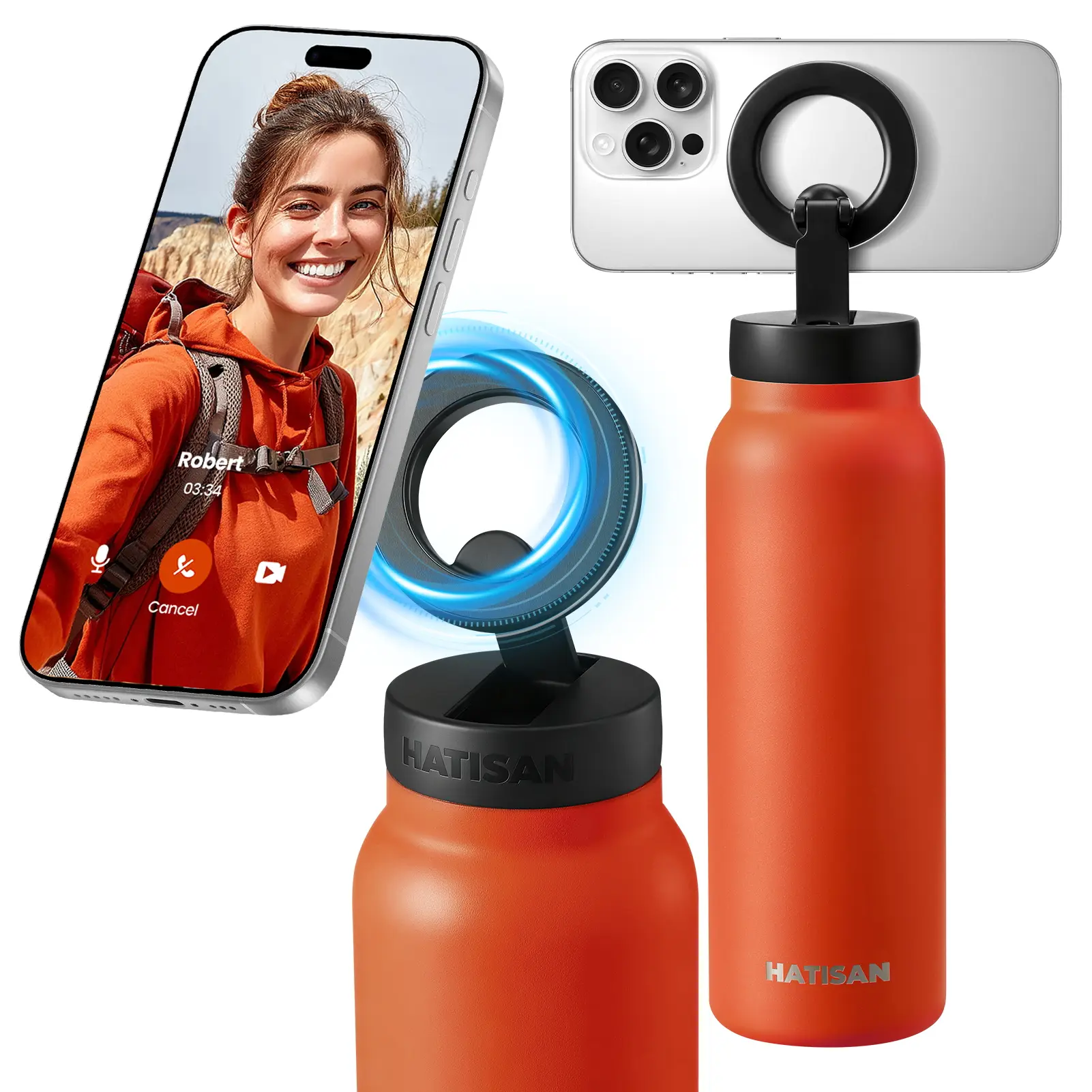 HATISAN Insulated Stainless Steel Vacuum Flask Water Bottle - 24oz, 360-Degree Rotatable Magnetic Phone Mount, 12H Hot/24H Cold, Degradable Accessory for Workouts, Facetime Hydration Tool with Enhanced Functionality and Durability, Content Creation