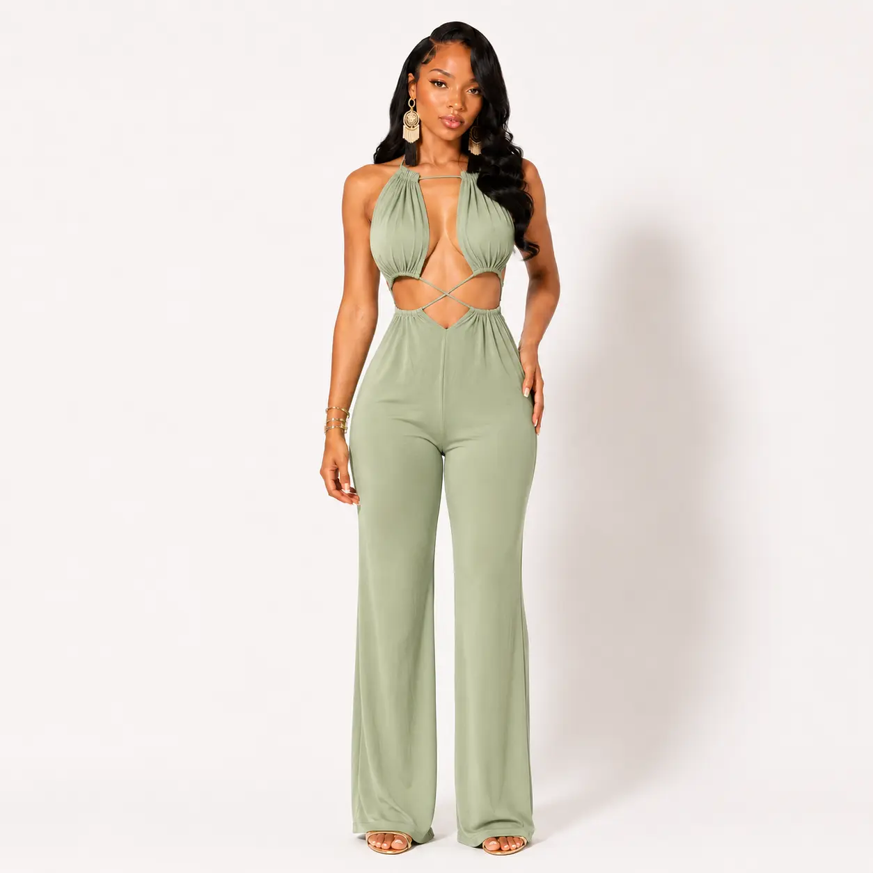 MOTIONKILLER Women's Sleeveless Polyester Blend Jumpsuit - Lace-Up Neckline, Flared Wide-Legs, Basic Solid Baggy Fit, US Sizes (Check Size Chart), Fashion Oversized Style