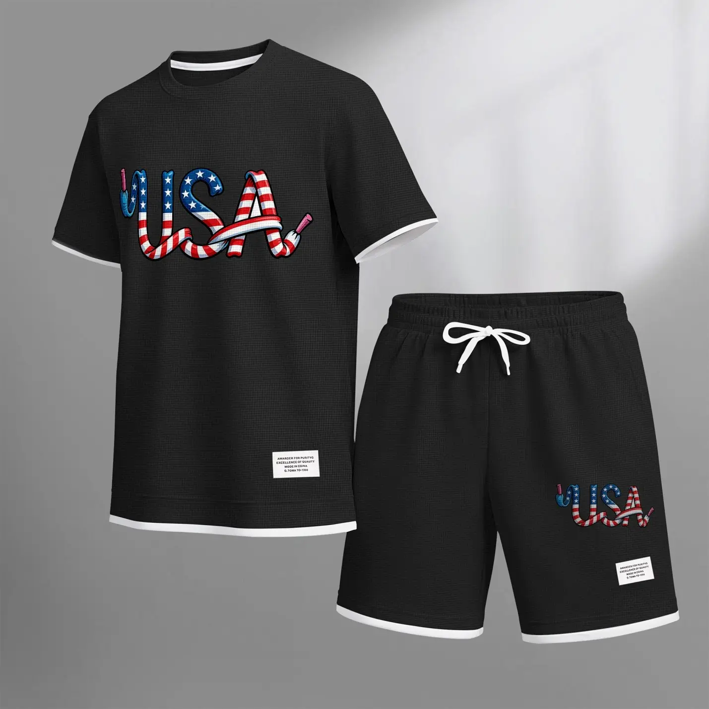 Men's USA print drawstring shorts set for spring/summer, a casual summer outfit including a short-sleeved shirt and shorts, suitable for everyday wear and sports. A two-piece set for a relaxed and energetic lifestyle.