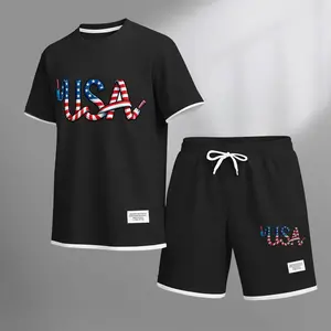 Men's USA print drawstring shorts set for spring/summer, a casual summer outfit including a short-sleeved shirt and shorts, suitable for everyday wear and sports. A two-piece set for a relaxed and energetic lifestyle.