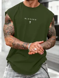 Men's Cross Print Round Neck Tank Top, Street Fashion Casual Fitness Breathable Crew Neck Sleeveless Top for Daily Outdoor Wear, Men's Clothes for Summer Streetwear, Leaf Green