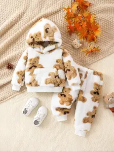 Two-piece Set Boy's Cartoon Bear Pattern Hoodie & Pants Plush Set, Casual Long Sleeve Hooded Sweatshirt & Pants, Kids Fall & Winter Clothes, Hoodies
