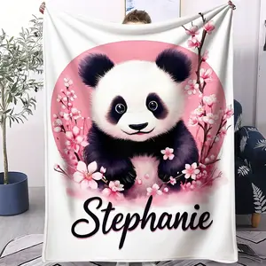 Custom Name Watercolor Panda Cherry Blossom Flannel Blanket, Personalized Floral Animal Print Throw Blanket, Ultra Soft Cozy Warm Blanket, Unique Gift Blanket for Girls, Panda Lovers