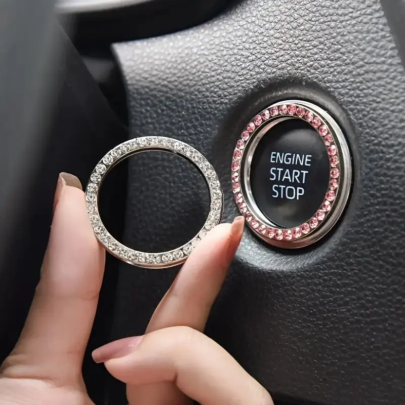 Rhinestone Decor Car One-button Start Decoration Ring, Car Engine Start Stop Button Cover, Car Interior Decoration Accessories for Women & Girls, Car Accessory