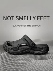 Large Size Thick Sole Hole Shoes Unisex, Open Toe Half Slipper Sandals, Men's Beach Shoes, Casual Eva Material, Solid Pattern, Summer Slide Footwear