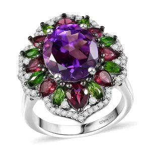 Amethyst and Multi Gemstone 7.40 ctw Nature's Empress Ring in Rhodium Over Sterling Silver Size 7 Christmas Gifts