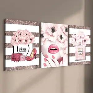 3-count wooden frame canvas, Parisian sweet beauty and perfume theme poster, exquisite and fashionable female poster, perfect living room and bedroom decoration, modern family poster, corridor wall art, waterproof, art, Artwork