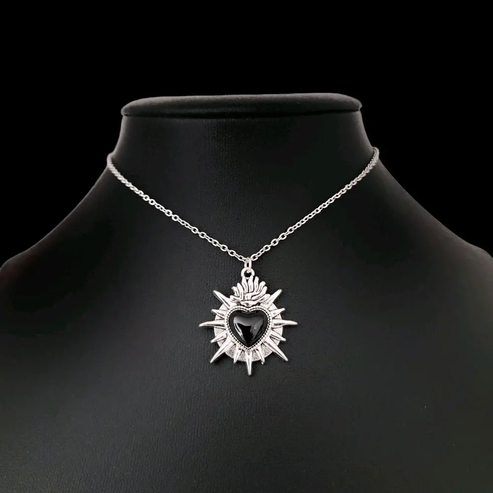 Silver Black Sacred Heart Pendant Necklace 003
