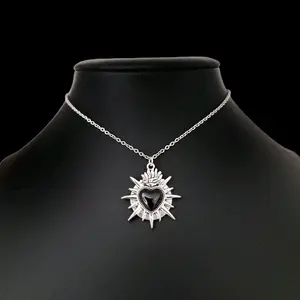 Silver Black Sacred Heart Pendant Necklace 003