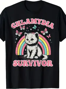 Funny Chlamydia Survivor Cat Graphic T-Shirt| Adult Humor Inappropriate Tee with Rainbow & Kitten Design - Soft Heavyweight, Crew Neck, Regular Fit, All-season, Pure 220G - Ideal for Birthday or STD Awareness Gift
