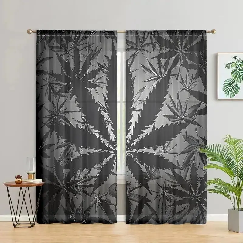 Leaf Print Curtain, 2 Counts/set Modern Design Curtain, Pole Pockets for Easy Hanging, Semi Blackout for Privacy Protection, Suitable for Bedroom, Living Room, Kitchen, Bathroom, Easy Install Curtain