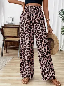 Women's Casual Loose-Fit Leopard Print Pants, High Waist Adjustable Drawstring Straight Leg Long Trousers with Pockets, Fall & Winter Fashion