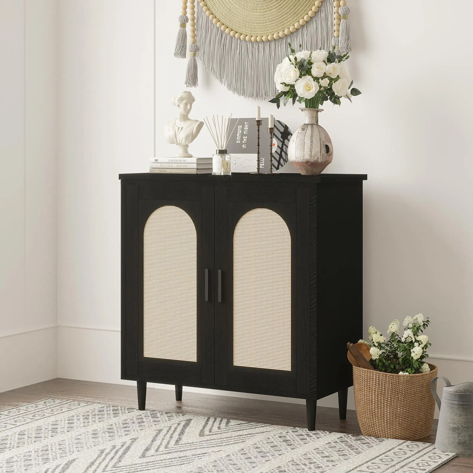 35.2 Inch Rectangular Black Rattan Sideboard Cabinet - Single Door Compact Accent Console with Adjustable Shelves for Entryway, Dining Room Storage