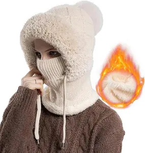 Winter  Hat Scarf Mask for Women, 3 in 1 Beanie Hat for Women, Warm Sherpa Hood for Snow Sports, Cozy Knitted Scarf