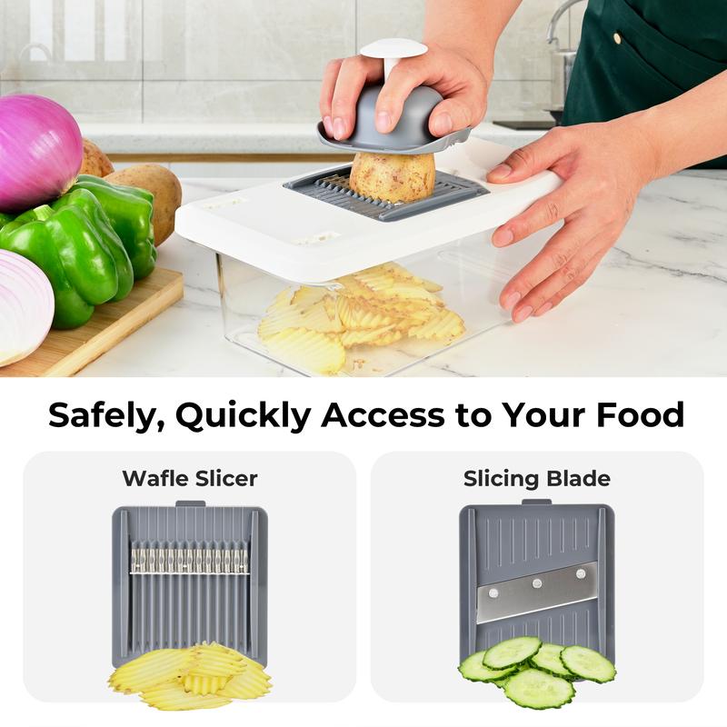 Simplify meal prep with our 8-piece multifunctional chopper set. It features a slicer and container for an efficient, all-in-one kitchen solution.