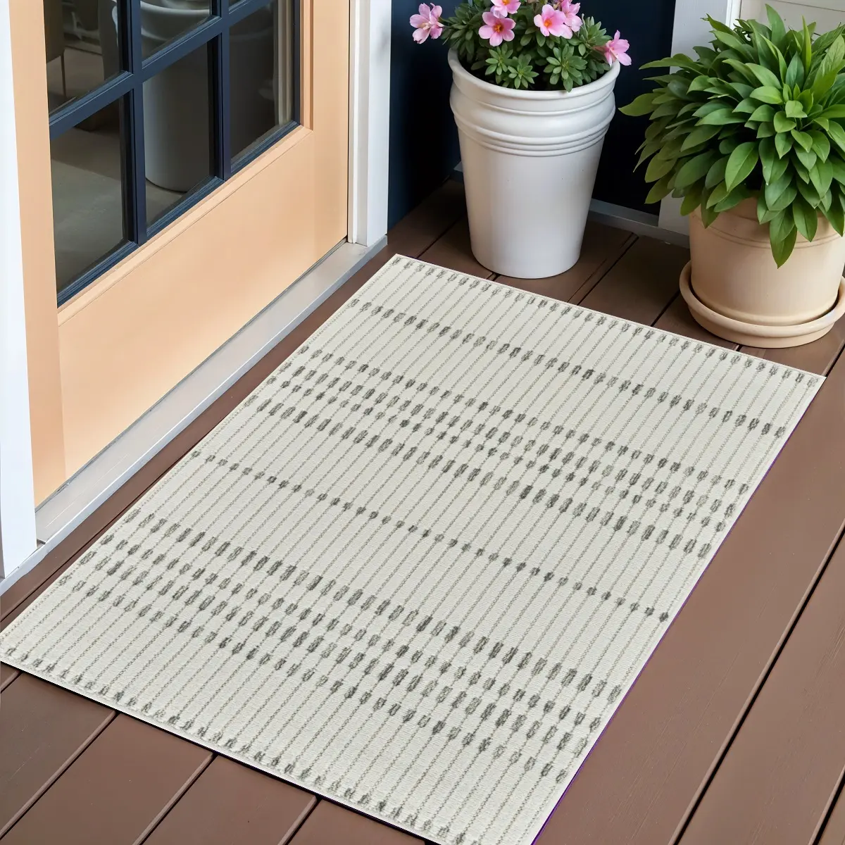 212 MAIN Machine-Made 3x5 ft. Polypropylene Striped Distressed Modern Rectangle Area Rug, Cream & Beige, Water-Resistant Indoor/Outdoor Patio/Poolside Ready