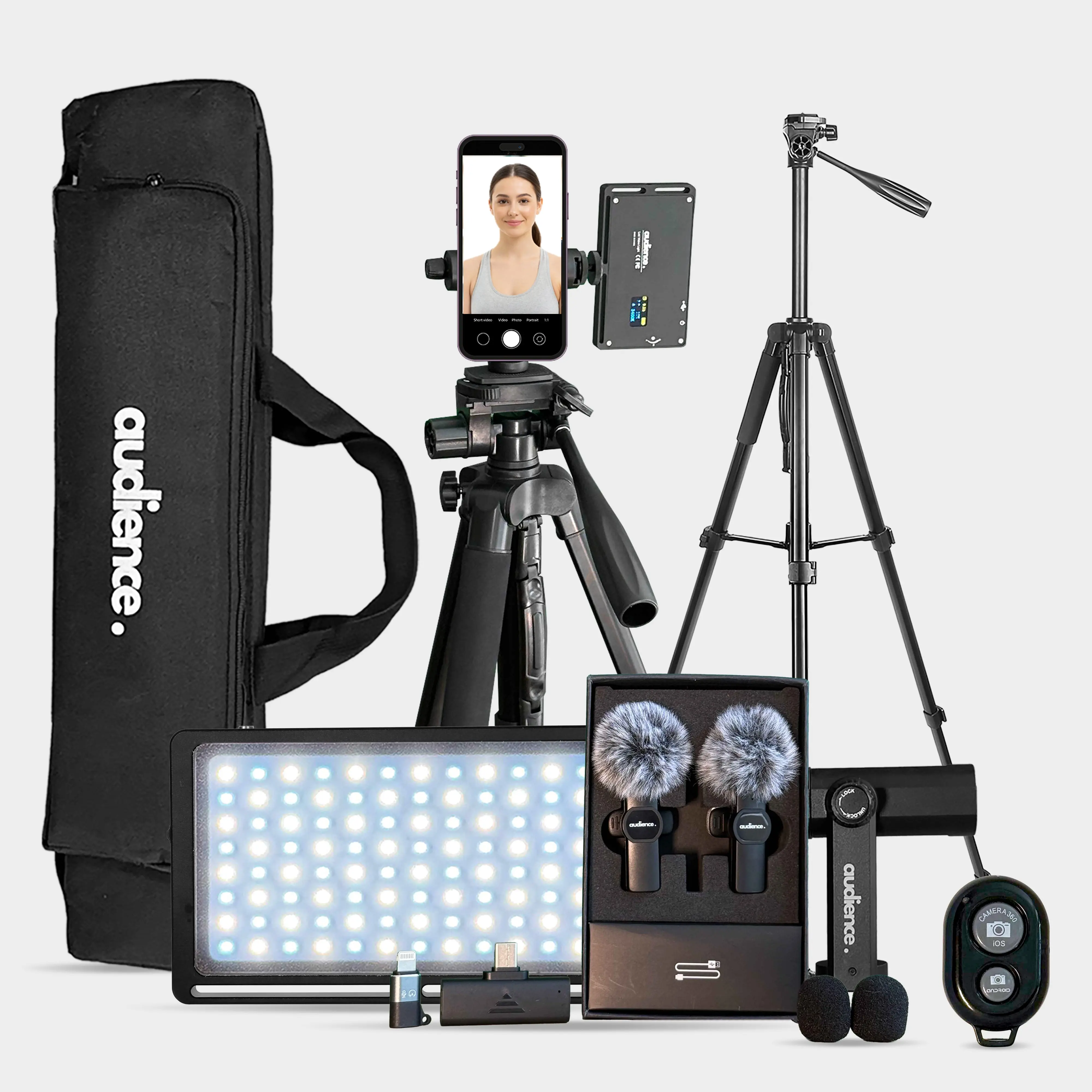 Audience Professional Vlogging Kit for iPhone & Android — 72" Tripod with Dual Wireless Mics, LED Light, Phone Mount, Bluetooth Remote & Travel Case