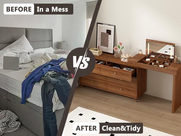 L-Shaped Extendable Makeup Vanity with Hidden Flap Mirror & Dimmable LED Lights, 6 Drawers + Storage Shelves, 3 Color Modes, Wood Grain Brown Dressing Table for Small Bedroom