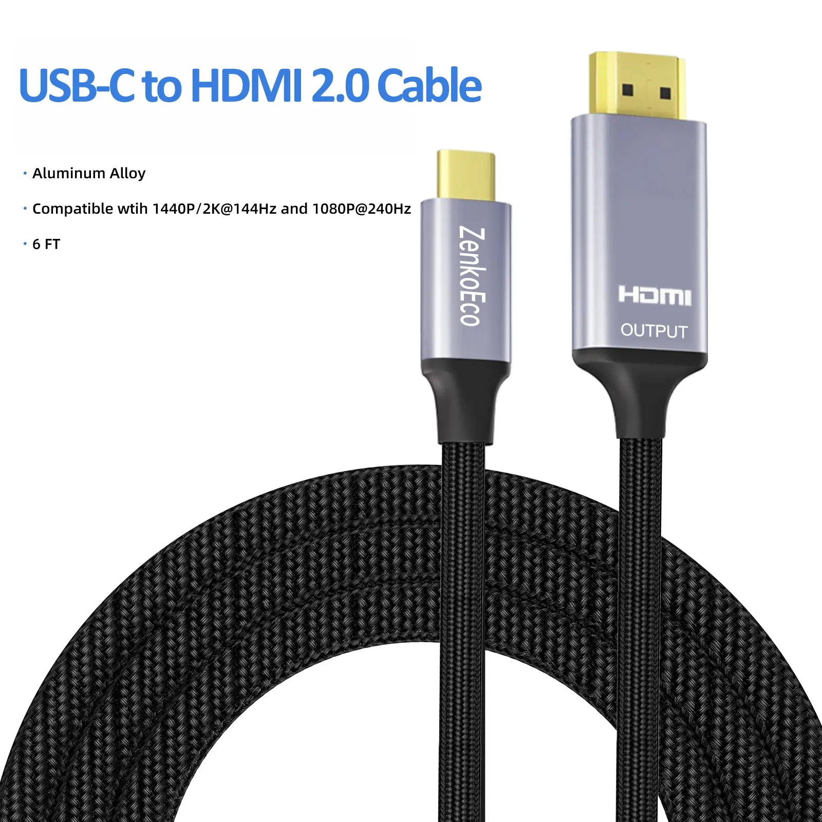 USB-C to HDMI Cable, Gold Plated Shell Plug Type-C to HDMI 2.0 Cord Aluminum Braided, Thunderbolt 3/4 /5 Compatible for iPhone 15/16/17 Series, MacBook Pro/Air, iPad Pro, Galaxy S8~S23