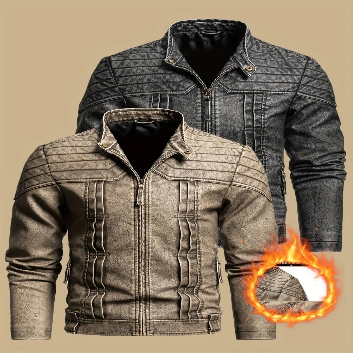 Men's Short-Sleeve Faux Leather Vintage Jacket - High-Quality Menswear Coats, Solid Polyester-Viscose Fabric, Motorcycle-Cycling Style, Classic Business Casual Outerwear, Double Color Effect, Washed Look Windbreaker