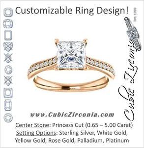 Cubic Zirconia Engagement Ring- The Luci Swan (Customizable Decorative-Pronged Princess Cut with Pavé Band)