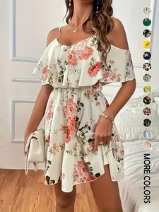 Women's Floral Print Ruffle Trim A-Line Dress, Boho Short Dress with Butterfly Sleeves and Adjustable Straps for Daily and Vacation Wear, Ladies Summer Dress