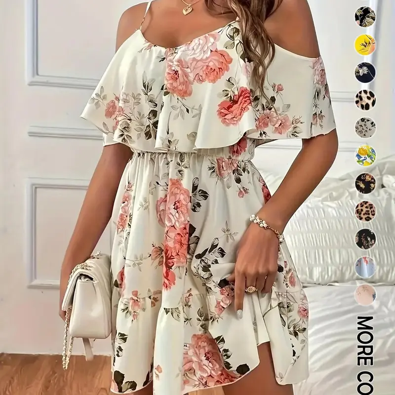 Women's Summer Casual Fashion Backless Strapless Ditsy Floral Dress, Boho Vacation Style Slimming Fit, Short Sleeve Fitted Dress, Bohemian Dress