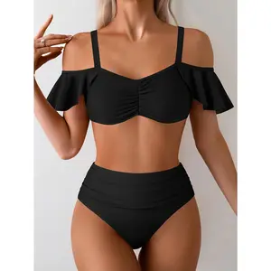 ZAFUL New Two-Piece Solid Color Bikini European and American Style Ruffle Swimsuit, Cute Women's Two-Piece Bikini Swimwear, Women's Swimming Apparel