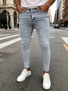 SRETOUU Streetwear Men's Holes Solid Color Skinny Stretch Jeans Menswear Classic Denim Pants Five-Pocket Design Trouser