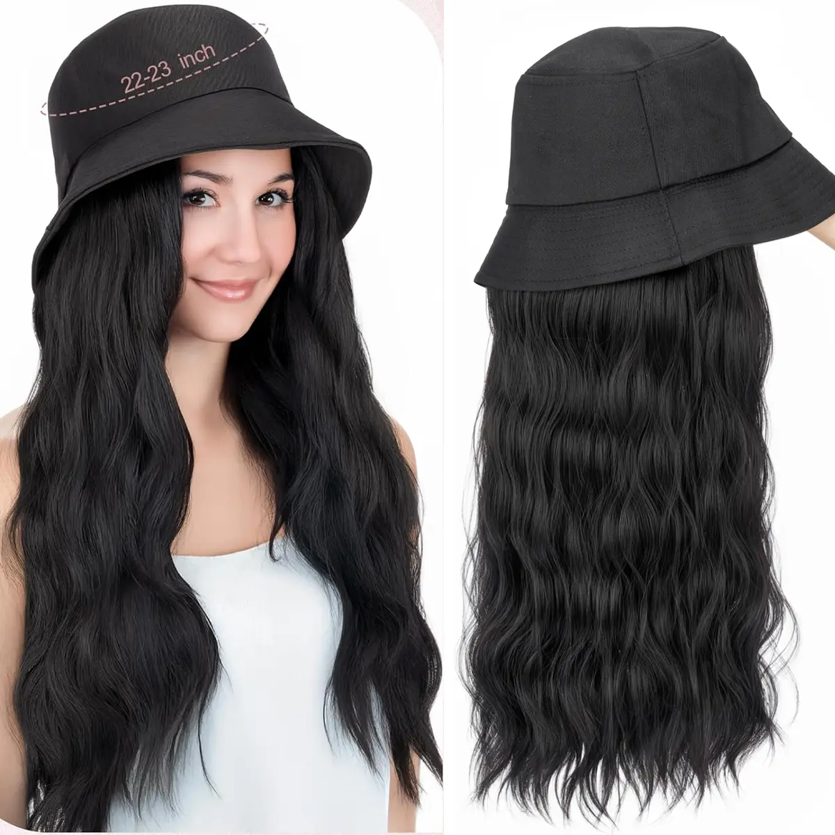 Bucket Hat Wig for Women with 22-Inch Long Wavy Hair, High Temperature Synthetic Fiber Fashion Wig for Daily Wear, Adjustable Cap, Daily Wear Wig