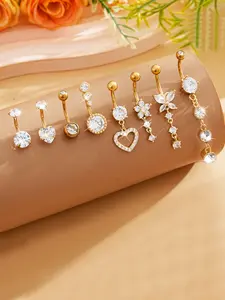 Heart Butterfly Belly Button Piercing Jewelry for Women, Sparkling Zircon Floral Decorated Pendant Navel Rings, Stainless Steel Belly Piercing Jewelry for Party or Casual Wear