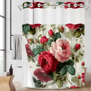 1pc hookless shower curtain with snap fastener, retro red and pink rose 2D flat printing, fabric waterproof inner lining shower curtain with transparent window double-layer curtain, 71 x 74 inches, modern home curtain decoration
