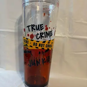 True Crime Junkie Waterfall Cup with Do Not Cross Scene Tape Design and Blood Splatter Accents