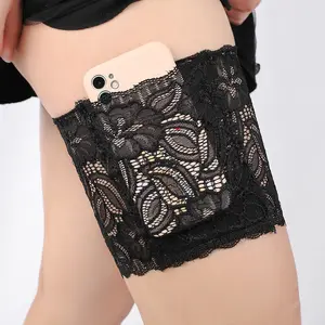 Lace Thigh High Pocket Garter, Women's Anti-Slip Silicone Leg Garter with Hidden Phone Pocket, Floral Lace Leg Holder for Travel & Night Out