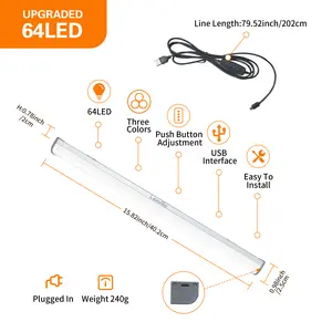 64 LED Plug In Under Cabinet Lights With 10 Levels Brightness, Linkable LED Light Bar For Kitchen, Pantry, Garage