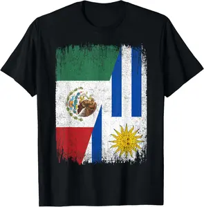 100% Cotton Half Mexico Uruguay Flag Mexican Uruguayan Roots T-Shirt