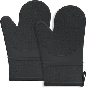 2PCS Black Silicone Oven Mitts, Non-Slip Grip Soft Oven Mitt, Flexible Kitchen Oven Mits Potholders Oven Gloves